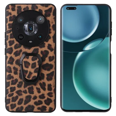 Ring Kickstand Phone Case for Honor Magic4 Pro, Anti-drop Textured PU Leather + TPU + PC Cover with Built-in Metal Sheet - Leopard Texture