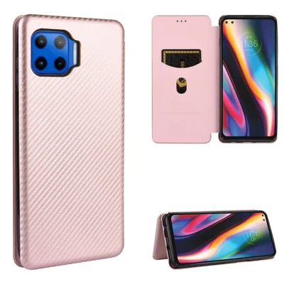 Automatycznie przyciągająca etui skórzane z fakturą włókna węglowego na Motorola Moto G 5G Plus - różowe