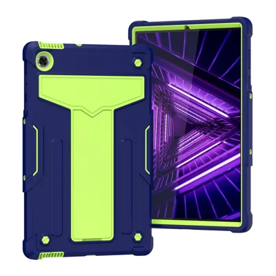 PC Silicone Tablet Cover for Lenovo Tab M10 Plus/TB-X606F Foldable T-shaped Kickstand Shell - Dark Blue/Green