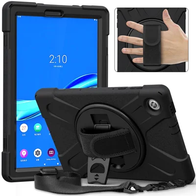 360 Degree Swivel Kickstand Design PC + Silicone Hybrid Tablet Case with Shoulder Strap forLenovo Tab M10 HD Gen 2 - Black