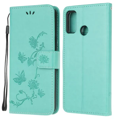 Imprint Butterfly Flower Leather Wallet Stand Phone Cover for Motorola Moto G30/G20 / G10 - Green