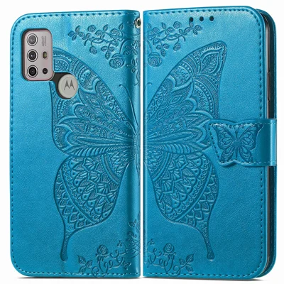 Imprint Big Butterfly Leather Wallet Phone Shell for Motorola Moto G10/G20 - Blue