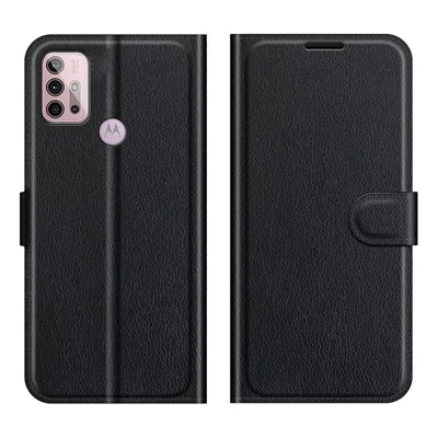 Litchi Texture Folio Flip Wallet Leather Phone Case with Stand for Motorola Moto G10/G30/G20 - Black