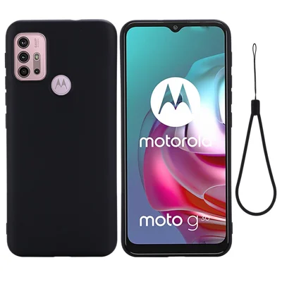 Liquid Silicone Soft Cover Case with Handy Strap for Motorola Moto G30/G20 / G10 - Black