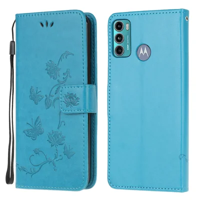 Imprint Butterfly Flower Wallet Stand Leather Mobile Phone Case for Motorola Moto G60/G40 Fusion - Blue