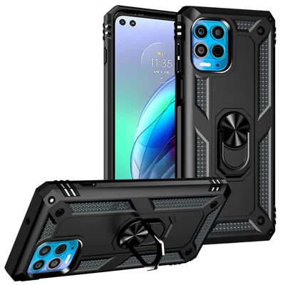 Anti-Fall Phone Hybrid Plastic + TPU + Metal Case Cover with Finger Ring Kickstand for Motorola Edge S / Moto G100 - Black