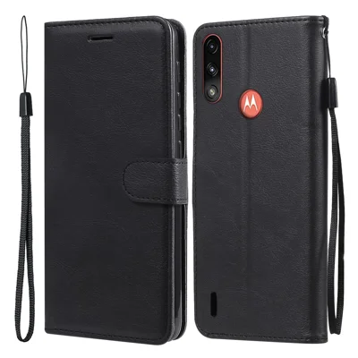 For Motorola Moto E7 Power / Moto E7i Power Case Solid Color Leather Mobile Cover Wallet Stand with Strap - Black