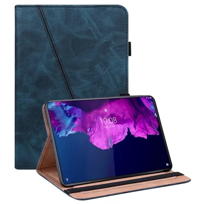 Drop-Resistant Plain Leather Tablet Stand Cover with Card Holder and Pen Strap for Lenovo Tab P11 TB-J606F / Tab P11 5G - Blue