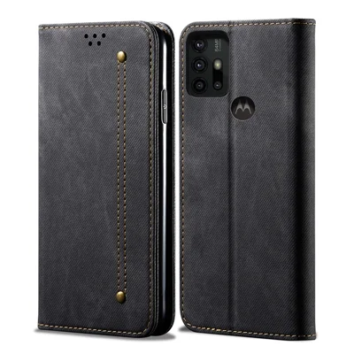 Anti-Drop Shockproof Flip Phone Cover Jeans Cloth Texture Wallet Stand Leather Case for Motorola Moto G30 - Black