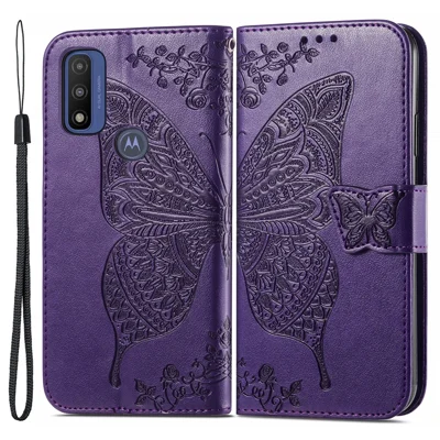 Custodia Protettiva in Pelle PU con Farfalla e Fiore Stampati, con Supporto, Chiusura Magnetica per Motorola G Pure - Viola