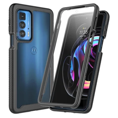 For Motorola Edge 20 Pro Well-protected Stylish PC+TPU Hybrid Phone Case Cover with Anti-scratch PET Screen Protector - Black