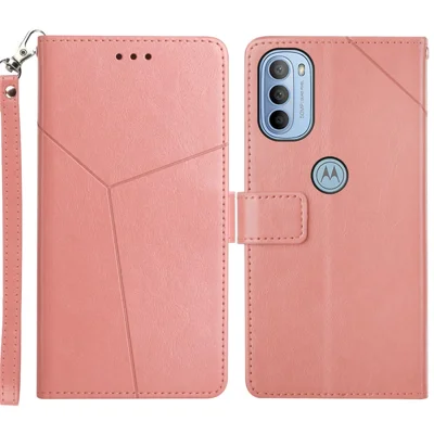 Modebeholder til mobiltelefon med indgraverede Y-formede linjer, praktisk stropløsning, magnetisk stående PU-læderlomme til Motorola Moto G51 5G - Pink