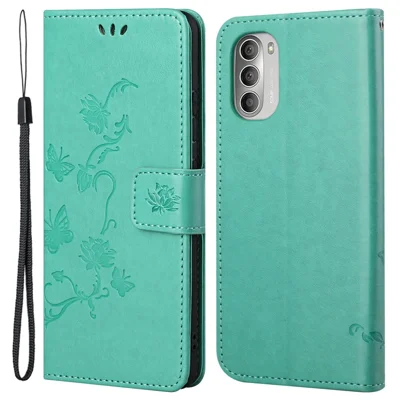 Indtrykt sommerfugle blomster Anti-fald PU læder wallet funktion telefonbeskyttelsesdæksel stativ skaft til Motorola Moto G51 5G - Grøn