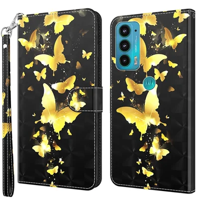 PU Leather Shockproof Phone Cover 3D Pattern Printing Stand Phone Case with Wallet Strap for Motorola Moto E20/E30/E40 - Golden Butterfly