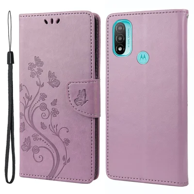 Imprint Butterflies Pattern Full Body Protection Leather Case Stand Wallet Phone Cover for Motorola Moto E20/E30/E40 - Light Purple
