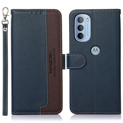 KHAZNEH RFID Blocking Stand Wallet Cover Full Protection Litchi Texture Leather Phone Case with Strap for Motorola Moto G31/G41 - Blue