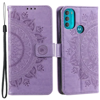 PU Leather + Soft TPU Case Imprinted Mandala Flower Stand Wallet Protective Cover for Motorola Moto G71 5G - Purple