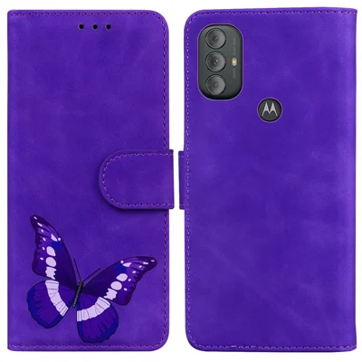 Well-protected Anti-fall Flip PU Leather + TPU Case Skin Touch Feeling Butterfly Printing Stand Phone Cover with Wallet for Motorola Moto G Power (2022) - Purple