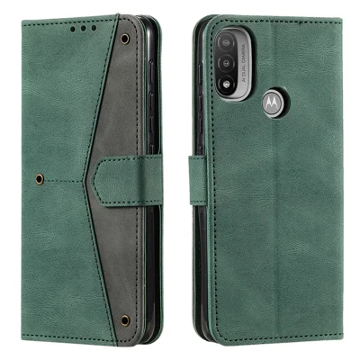 Stitching Surface Splicing Style PU Leather and TPU Phone Flip Case Skin-touch Stand Wallet Phone Protective Cover for Motorola Moto E20/E30/E40 - Green