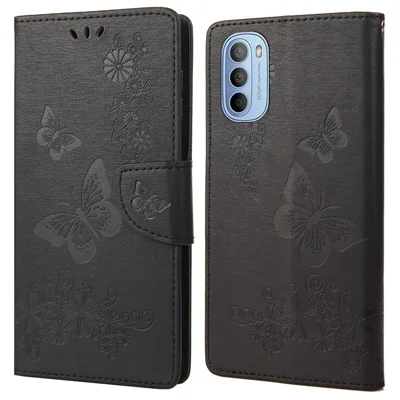 Flip-påklædning til Motorola Moto G51 5G smartphones med store sommerfugle påtrykt i læderlignende materiale med wallet, stand og lukkemagnet - Sort