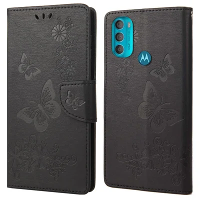 For Motorola Moto G71 5G Imprinted Big Butterflies Leather Mobile Phone Case Wallet Stand Phone Case Phone Shell - Black