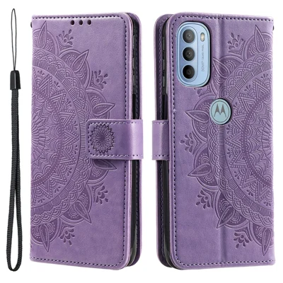 For Motorola Moto G31/Moto G41 PU Leather Wallet Phone Case Mandala Flower Imprinted Stand Flip Cover with Hand Strap - Purple