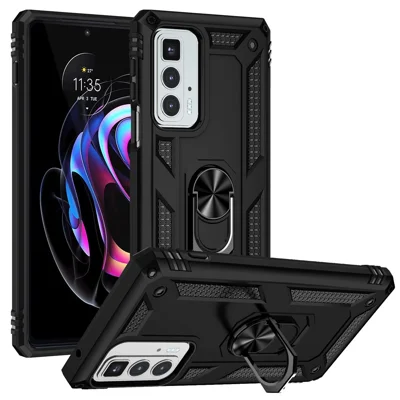 For Motorola Edge 20 Pro Military Grade Protection Hybrid Cell Phone Case 110-Degree + 360-Degree Rotating Ring Kickstand - Black