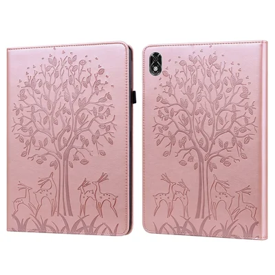 For Lenovo Legion Y700 Elastic Band Design Imprinting Tree Deer Pattern Card Slots Stand Shockproof PU Leather Tablet Cover Case - Rose Gold