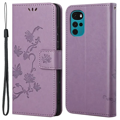 For Motorola Moto G22 Butterfly Flower Imprinted Phone Case Stand PU Leather Wallet Cover with Wrist Strap - Purple