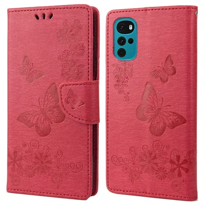 Foliowy etui z motywem motyla i kwiatów do Motorola Moto G22, ochronne etui typu portfelik z magnesem, skórzane etui z podstawką - Czerwony