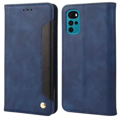 Shockproof Case for Motorola Moto G22 Business Style Phone Stand Cover Phone Case Splicing Leather Shell with Wallet - Blue