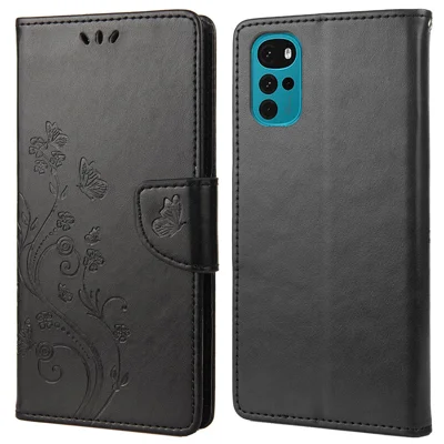 For Motorola Moto G22 Wallet Phone Case Shockproof Folio Flip Cover Butterflies Imprinted Stylish Leather Phone Shell with Stand - Black