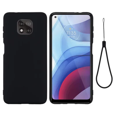 For Motorola Moto G Power (2021) Drop-proof Liquid Silicone Phone Case Protective Cover with Strap - Black