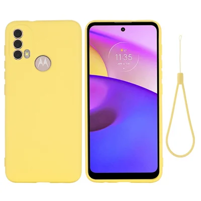 For Motorola Moto E20/E30/E40 Liquid Silicone Protective Cover Anti-scratch Slim Phone Case with Strap - Yellow