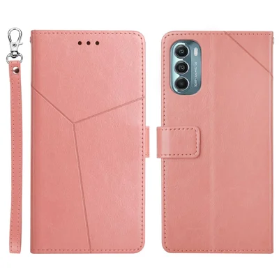 HT01 PU Leather Phone Shell for Motorola Moto G Stylus 5G (2022), Y-Shaped Lines Imprinting Wallet Stand Phone Cover - Pink