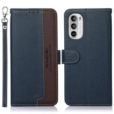 KHAZNEH RFID Blocking Phone Case for Motorola Moto G52 4G / G82 5G, Litchi Texture PU Leather Flip Folio Wallet Stand Cover with Strap - Blue
