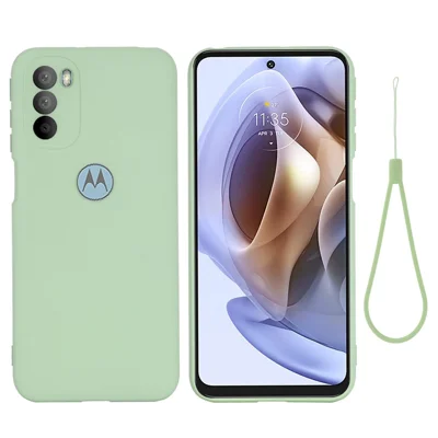 For Motorola Moto G31/G41 Soft Liquid Silicone Phone Case Microfiber Lining Cushion Camera Protection Cover with Strap - Green