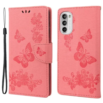 For Motorola Moto G52 4G / G82 5G Scratch-proof Wallet Case Butterfly Flower Imprinted PU Leather Stand Flip Cover - Pink