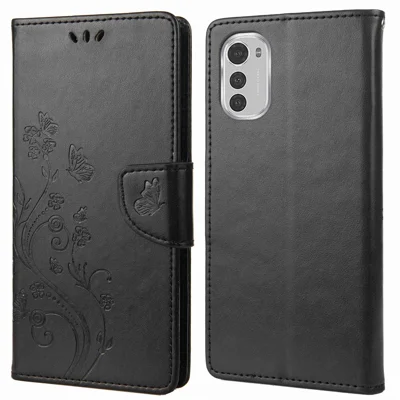 Butterfly Flower Imprinting Wallet Leather Case for Motorola Moto E32, Phone Shell Accessory with Stand - Black