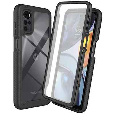 For Motorola Moto G22 All-around Protection Anti-scratch 3-in-1 Case PC + TPU Hybrid Cell Phone Shell with PET Screen Protector - Black