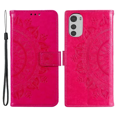 For Motorola Moto E32 PU Leather Flip Wallet Case Stand Magnetic Clasp Imprinted Mandala Flower Stand Phone Cover with Strap - Rose