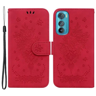 For Motorola Edge 30  Full Protection Imprinted Rose and Butterflies Pattern Wallet Stand Phone Case PU Leather Phone Cover - Red