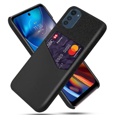 For Motorola Moto E32 4G Cloth Texture Card Slot Scratch-resistant PU Leather Coated Hard PC Mobile Phone Case - Black