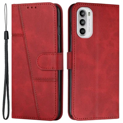 For Motorola Moto G52 4G / G82 5G Anti-scratch PU Leather Phone Flip Case Shock Absorbing Stand Stitching Cover with Strap - Red
