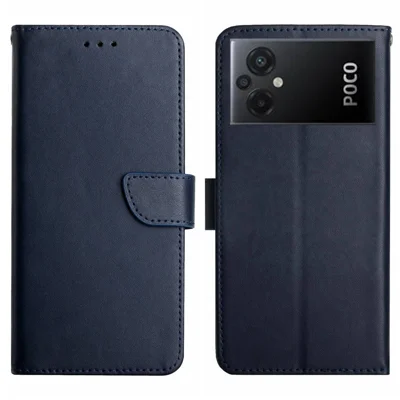 HT02 For Xiaomi Poco M5 4G Solid Color Nappa Texture Genuine Leather Protective Case Wallet Stand Phone Cover - Blue