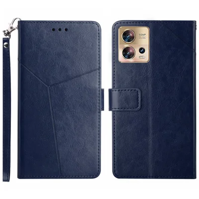 HT01 Phone Case for Motorola Edge 30 Fusion 5G, Imprinted Y-Shaped Lines PU Leather Wallet Phone Stand Cover with Strap - Blue