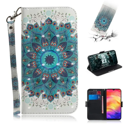 Lederen portemonneebehaart met patroonprint en lichteffect voor Xiaomi Redmi Note 7S / Note 7 / Note 7 Pro (India) - Blauwe bloem