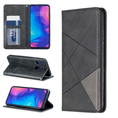 Leer kaarthouder met geometrisch patroon voor Xiaomi Redmi Note 7 / Note 7 Pro (India) / Note 7S - Zwart