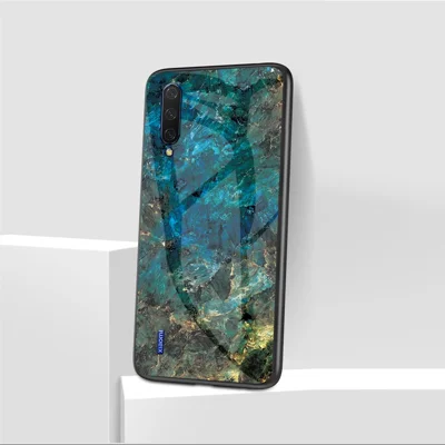 Marmeren Structuurpatroon Gehard Glas PC + TPU Beschermmantel voor Xiaomi Mi CC9e/Mi A3 - Smaragd