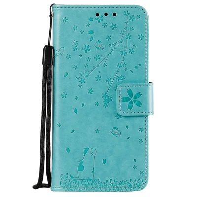 Imprint Sakura Cat Leren Standhoes met Kaartslots voor Xiaomi Mi CC9e / Mi A3 - Cyaan
